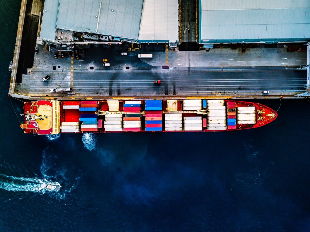 Aerial view of container ship at sea port