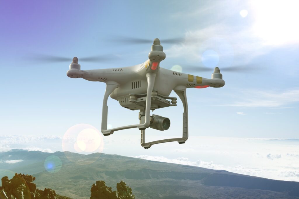 Unmanned copter flight, drone in the sky