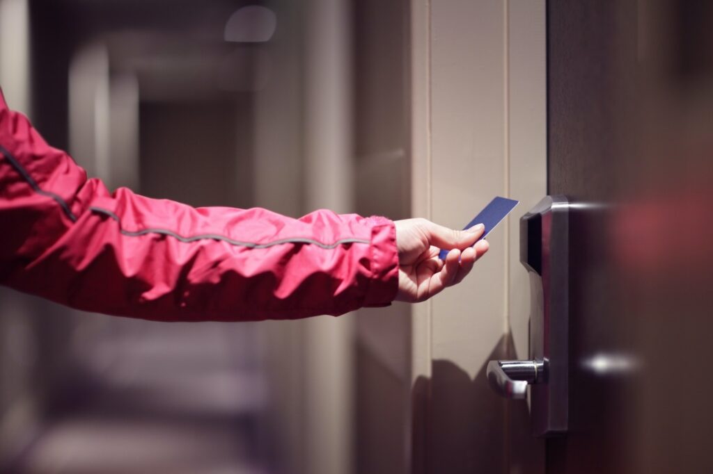 Opening hotel door with keyless entry card